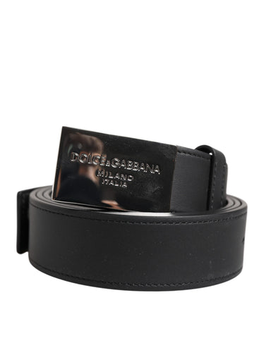 Black Leather Silver Metal Logo Buckle Belt