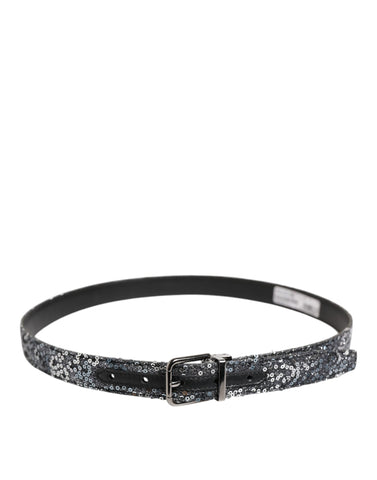 Black Sequins Silver Metal Logo Buckle Belt