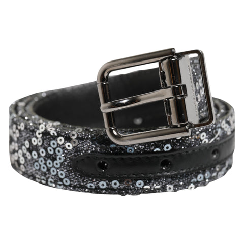 Black Sequins Silver Metal Logo Buckle Belt