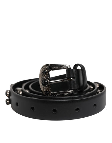 Black Studded Leather Metal Logo Buckle Belt