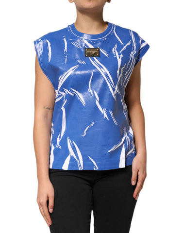 Blue White Cotton Logo Plaque Women Tank Top