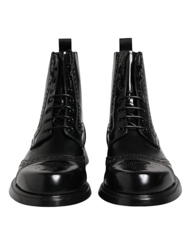 Black Leather Lace Up Mid Calf Boots Shoes