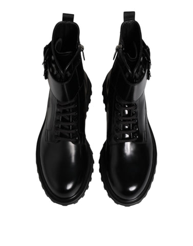 Black Leather Lace Up Mid Calf Boots Shoes