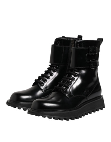 Black Leather Lace Up Mid Calf Boots Shoes