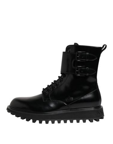Black Leather Lace Up Mid Calf Boots Shoes