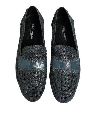 Blue Woven Raffia Slip On Loafers Shoes
