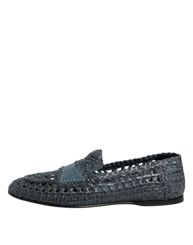 Blue Woven Raffia Slip On Loafers Shoes