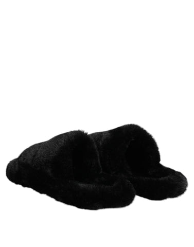 Black Faux Fur Flats Men Sandals Shoes