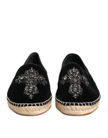 Black Cross Crystal Slip On Espadrille Shoes