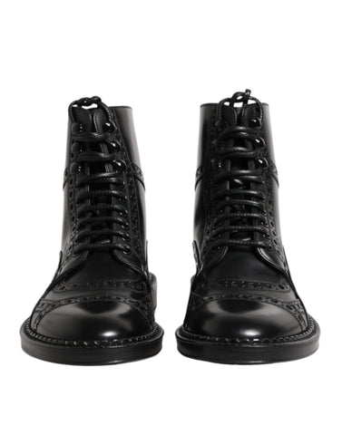 Black Leather Lace Up Mid Calf Boots Shoes