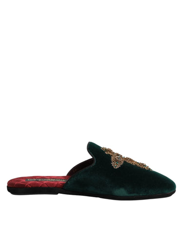 Green Velvet Cross Embellished Slippers Shoes