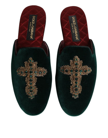 Green Velvet Cross Embellished Slippers Shoes