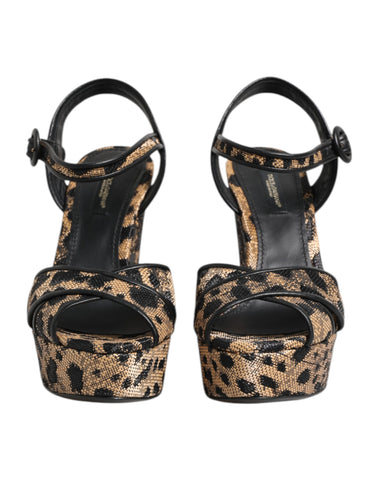 Brown Leopard Wedges Ankle Strap Sandals Shoes