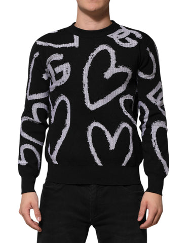 Black Nylon Wool Heart Print Pullover Sweater