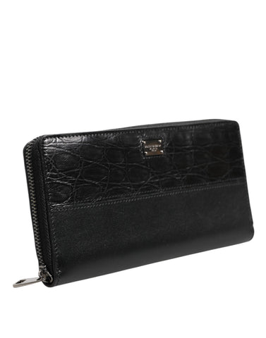 Black Leather Logo Plaque Zip Around Continental Wallet