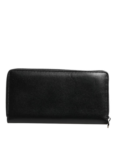 Black Leather Logo Plaque Zip Around Continental Wallet