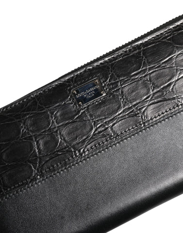 Black Leather Logo Plaque Zip Around Continental Wallet