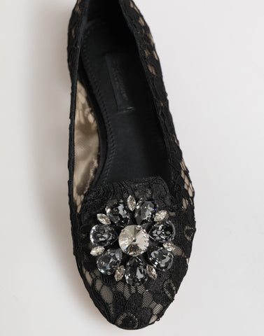 Black Taormina Lace Crystals Flats Shoes