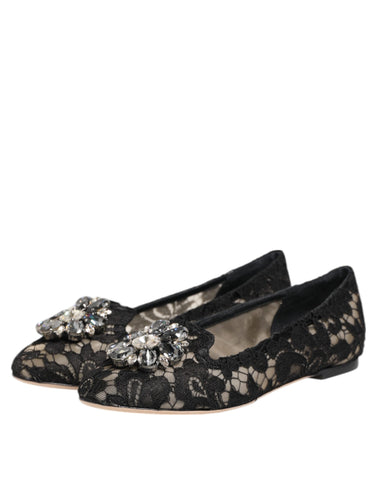 Black Taormina Lace Crystals Flats Shoes