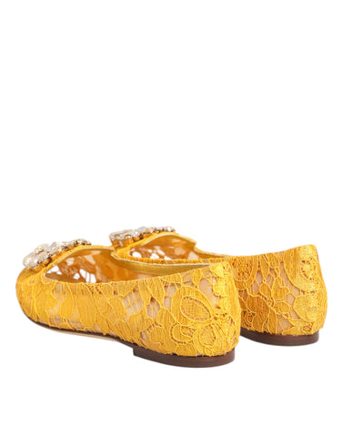Yellow Taormina Lace Crystals Flats Shoes