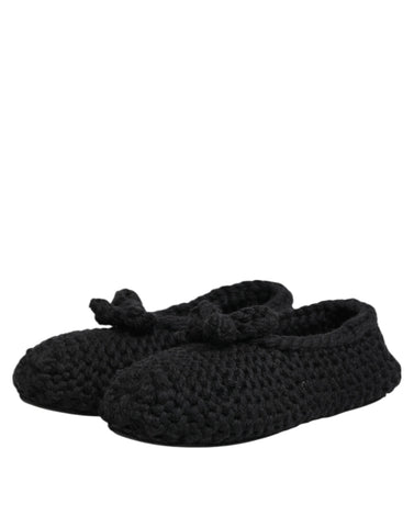 Black Wool Knit Slip On Ballerina Flats Shoes