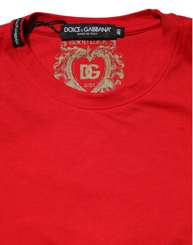 Red Cotton Crew Neck Short Sleeves Top T-shirt