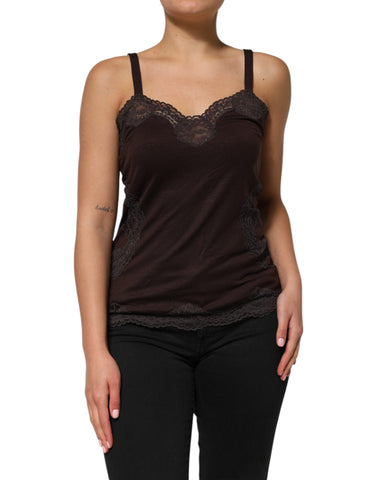 Dark Brown Lace Trim Wool Sleeveless Tank Top