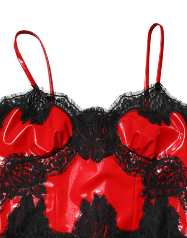 Red Black Lace Trim Polyester Sleeveless Tank Top