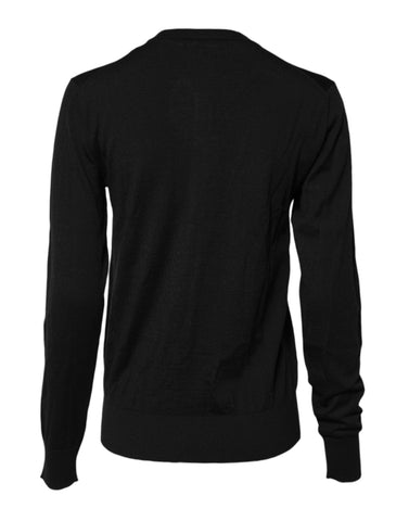 Black Wool Knit Round Neck Cardigan Sweater