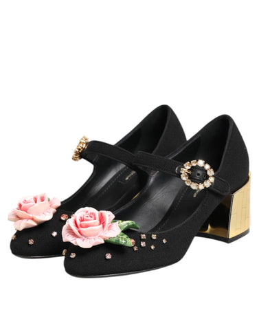 Black Flower Crystal Embellished Mary Jane Shoes