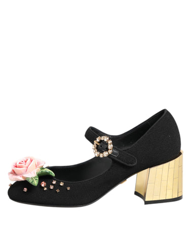 Black Flower Crystal Embellished Mary Jane Shoes