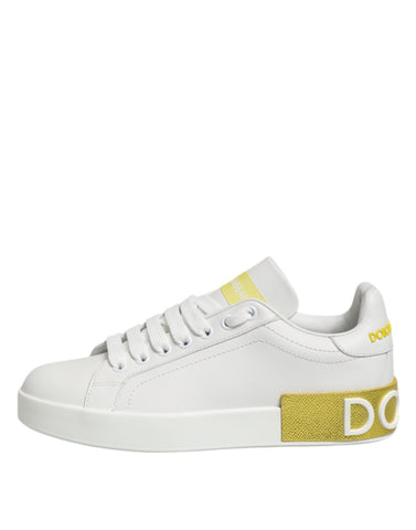 White Yellow Leather Low Top Sneakers Shoes