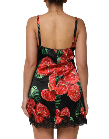 Black Floral Lace Trim Chemise Lingerie Dress