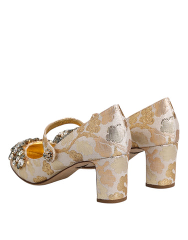 Gold Jacquard Crystal Mary Janes Pumps Shoes