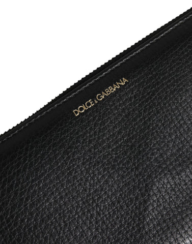 Black Calfskin Leather Logo Zip Around Continental Wallet