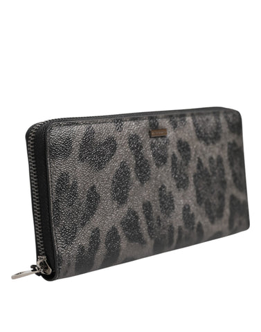 Black Gray Leopard Leather Zip Around Continental Wallet