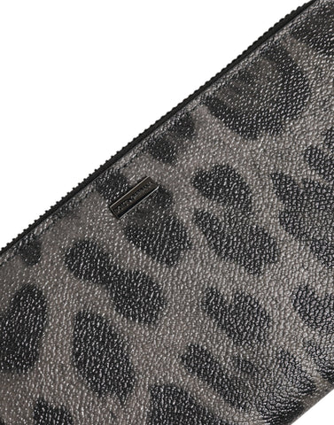 Black Gray Leopard Leather Zip Around Continental Wallet