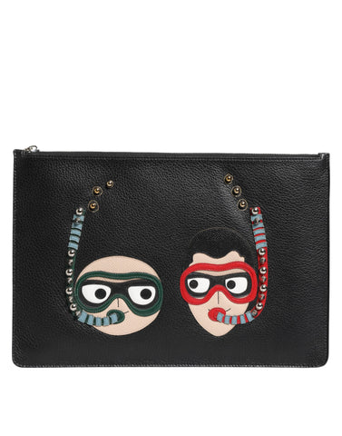 Black Leather #DGFAMILY Embellished Men Clutch Pouch Bag