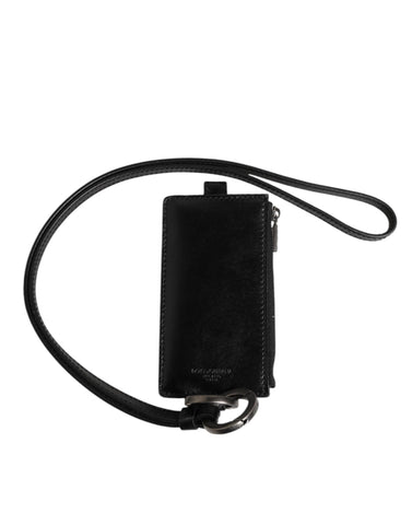 Black Leather Logo Embossed Lanyard Card Holder Wallet