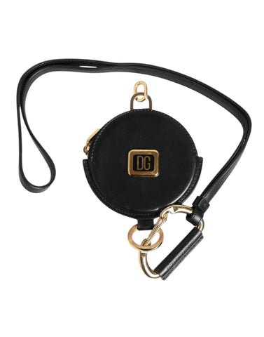 Black Round Leather DG Logo Coin Purse Lanyard Wallet