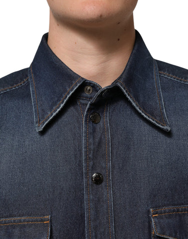 Blue Denim Button Casual Logo Patch Men Shirt
