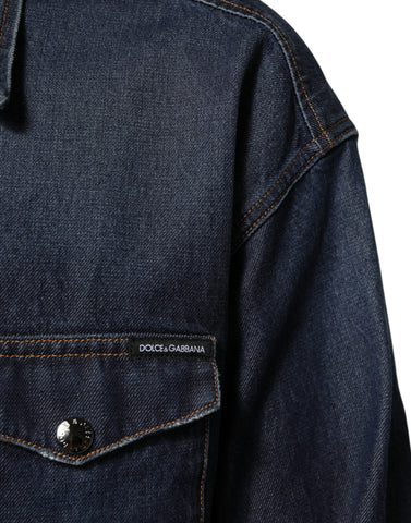 Blue Denim Button Casual Logo Patch Men Shirt