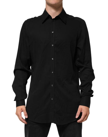 Black Viscose Long Sleeve Formal Dress Shirt