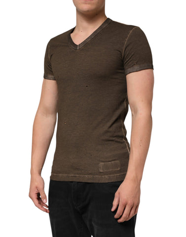 Dark Brown Cotton Tattered Logo Men T-shirt