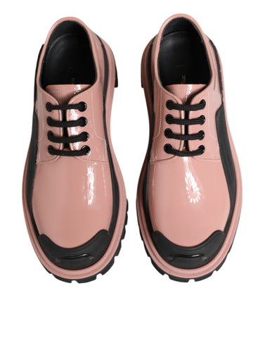 Light Powder Pink Black Leather Lace-Up Shoes