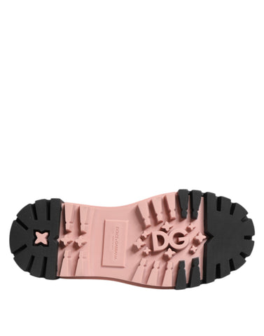 Light Powder Pink Black Leather Lace-Up Shoes