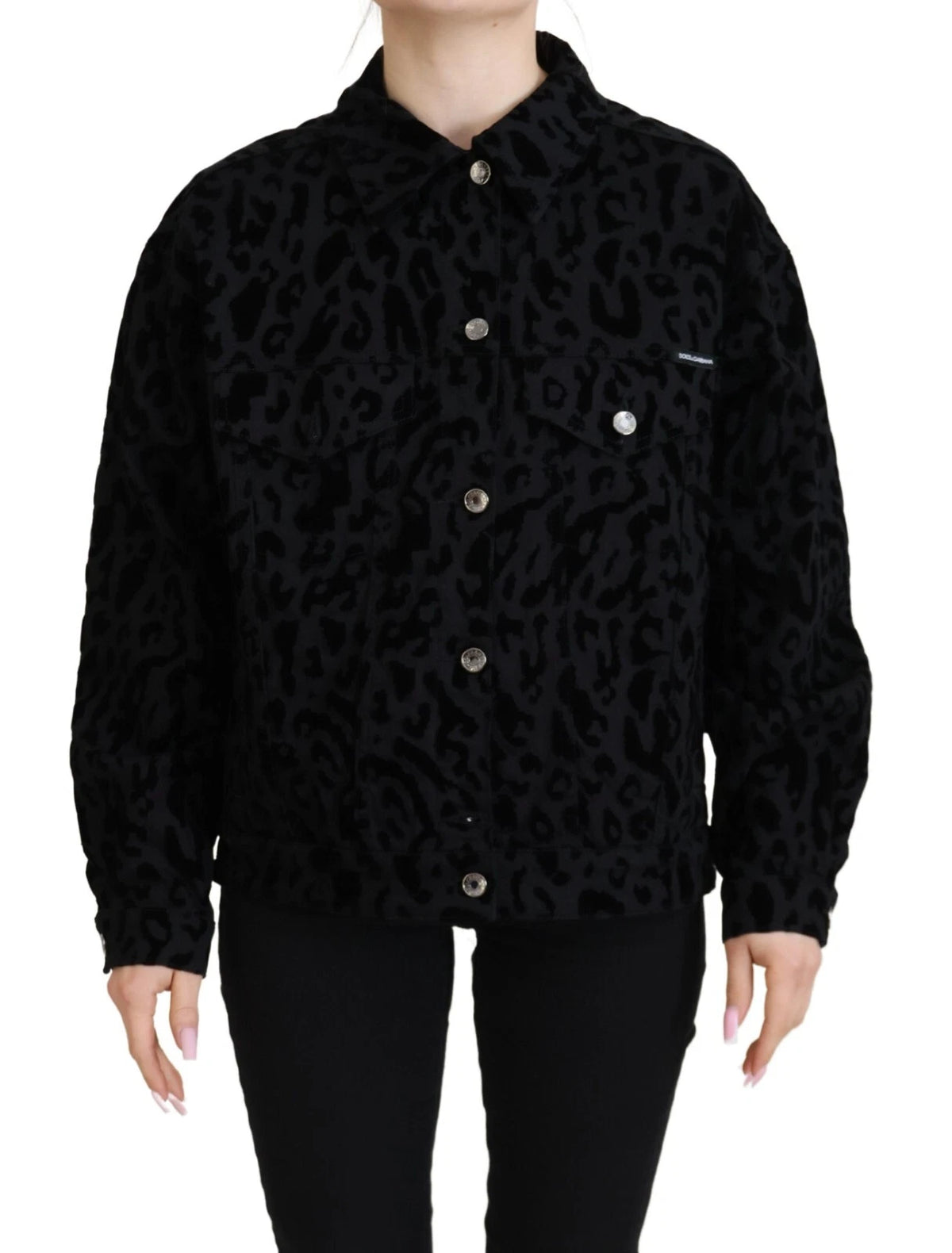 Cotton Black Leopard Long Sleeve Denim Jacket