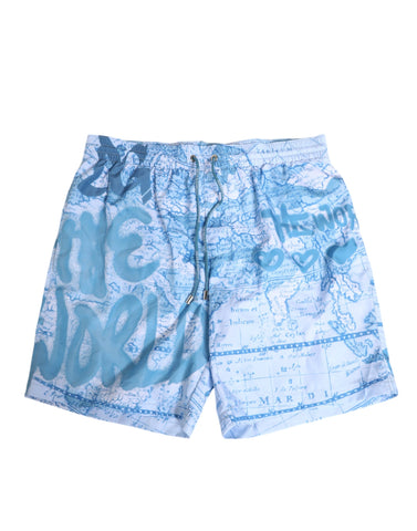 Blue World Map Polyester Elastic Waistband Swimwear