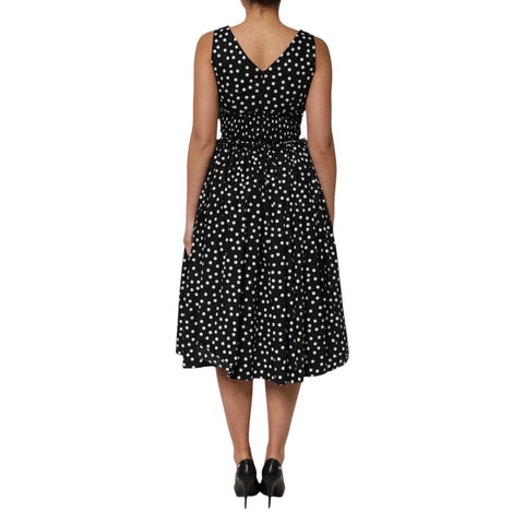 Black White Cotton Polka Dot Print V Neck Dress
