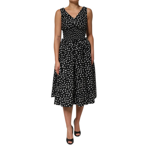 Black White Cotton Polka Dot Print V Neck Dress